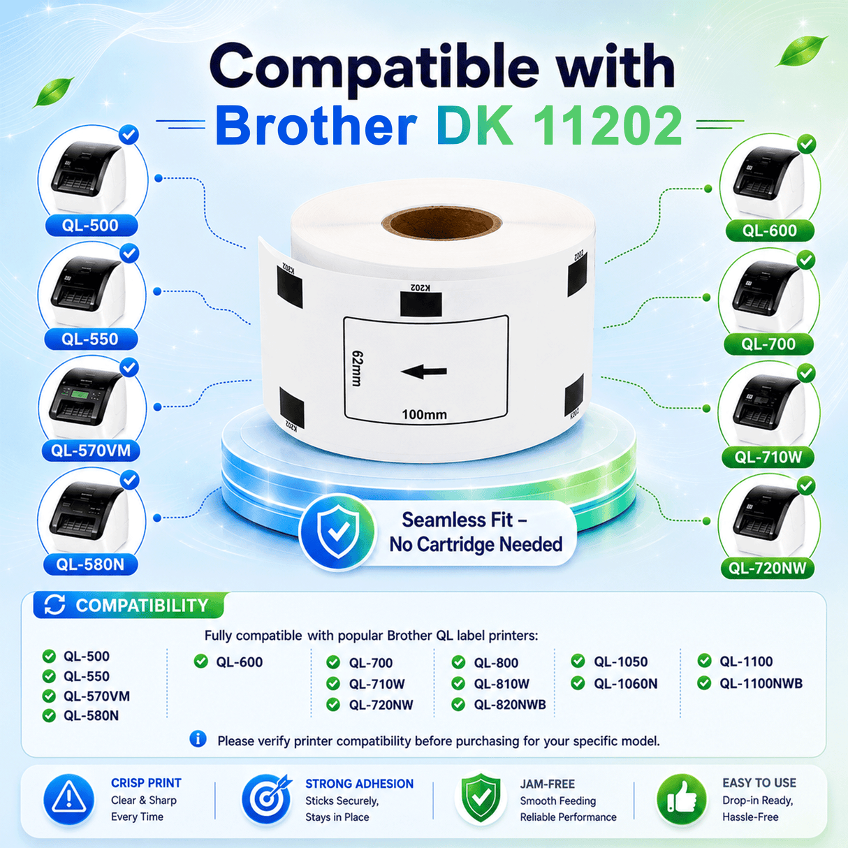 Premium Compatible Brother DK-11202 Shipping / Multipurpose Labels ā 2.4" x 4" | Crisp Print | Strong Adhesive | Jam-Free | 300 Labels Per Roll