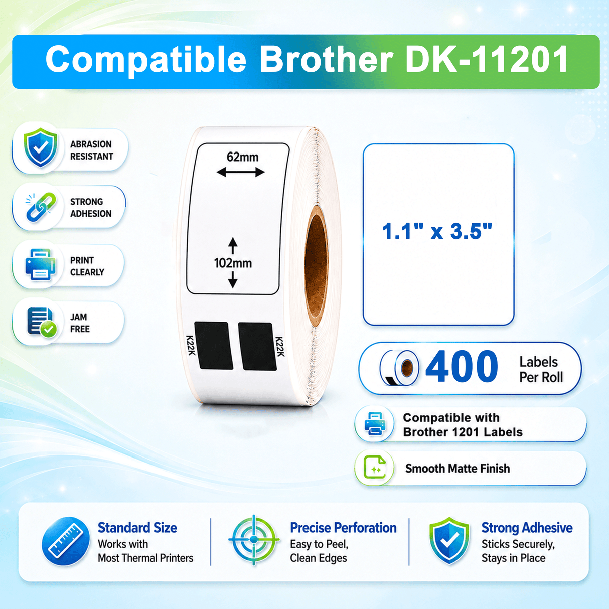 Premium Compatible Brother DK-11201 Multipurpose / Return Address Labels ā 1.1" x 3.5" | Crisp Print | Strong Adhesive | Jam-Free | 400 Labels Per Roll