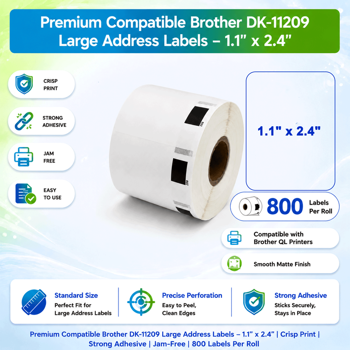 Premium Compatible Brother DK-11209 Large Address Labels – 1.1" x 2.4" | Crisp Print | Strong Adhesive | Jam-Free | 800 Labels Per Roll
