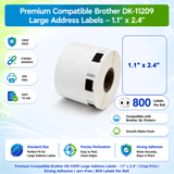 Premium Compatible Brother DK-11209 Large Address Labels – 1.1" x 2.4" | Crisp Print | Strong Adhesive | Jam-Free | 800 Labels Per Roll