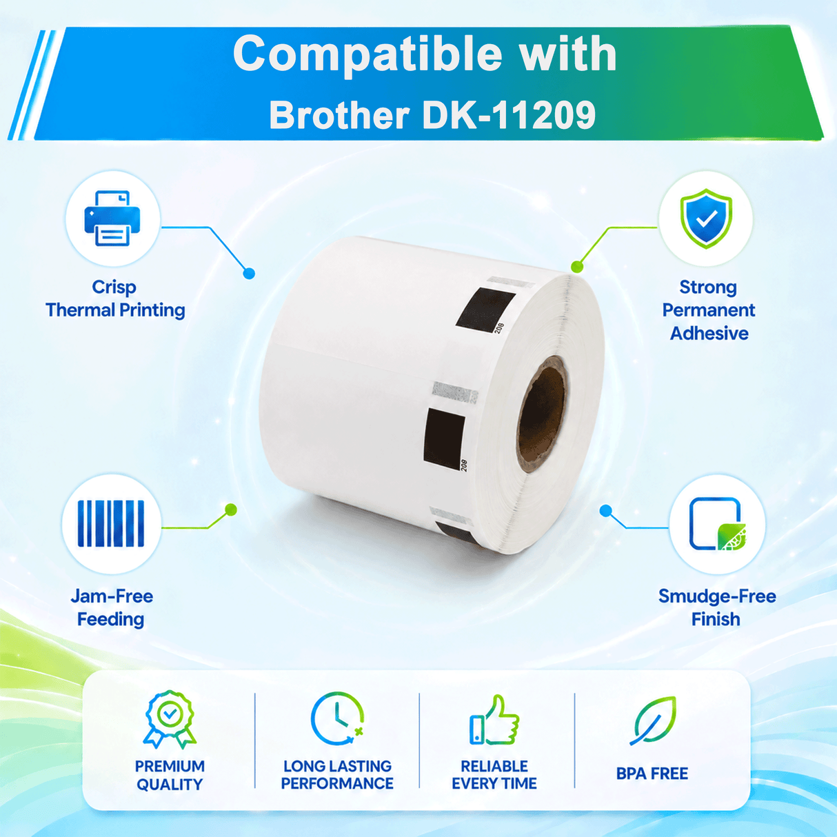 Premium Compatible Brother DK-11209 Large Address Labels – 1.1" x 2.4" | Crisp Print | Strong Adhesive | Jam-Free | 800 Labels Per Roll