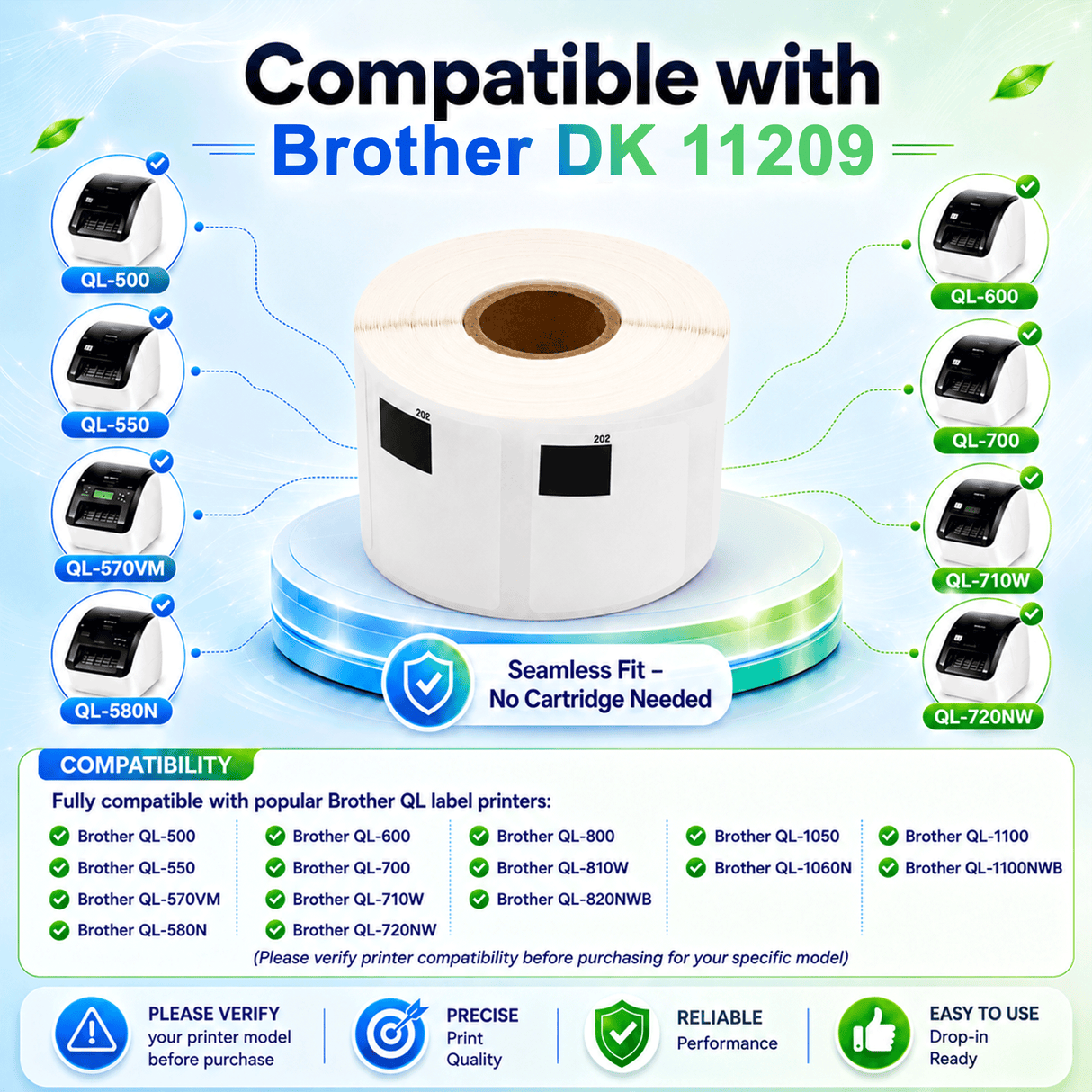 Premium Compatible Brother DK-11209 Large Address Labels – 1.1" x 2.4" | Crisp Print | Strong Adhesive | Jam-Free | 800 Labels Per Roll