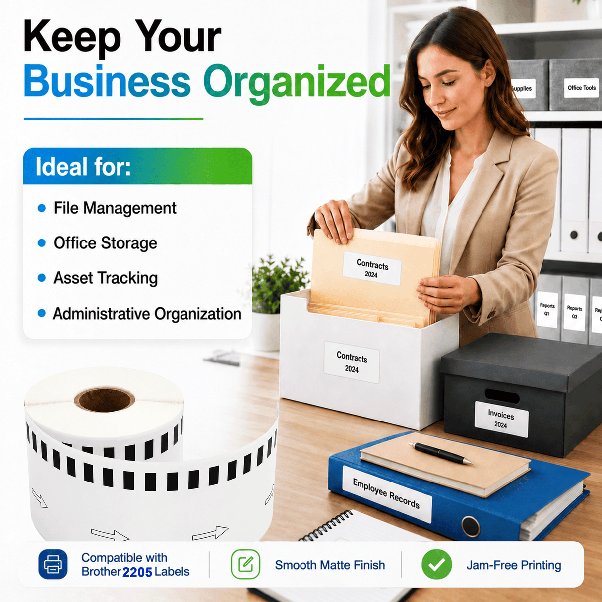 Premium Compatible Brother DK-22205 Continuous Paper Labels – 2.4" x 100 ft | Crisp Print | Strong Adhesive | Jam-Free
