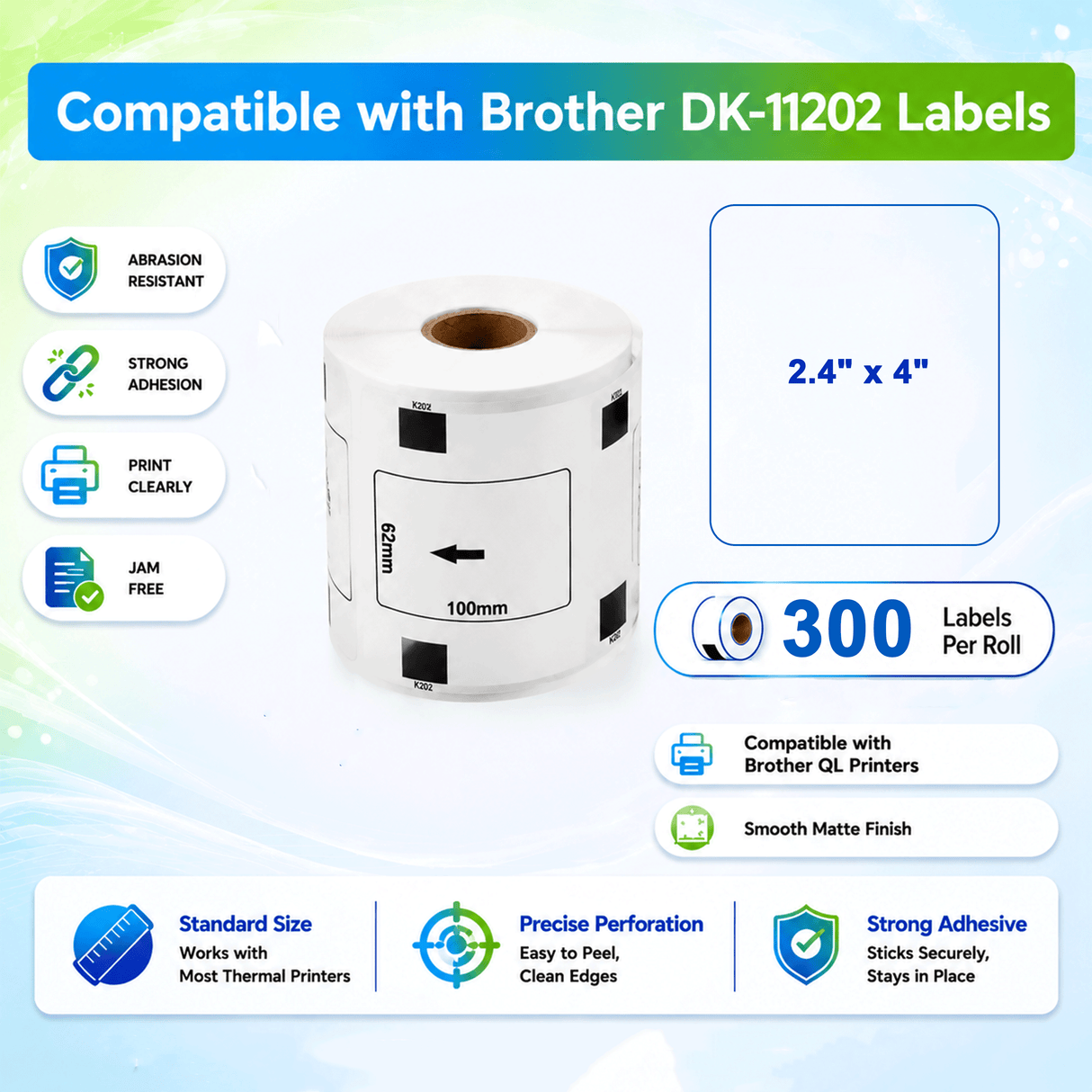 Premium Compatible Brother DK-11202 Shipping / Multipurpose Labels – 2.4" x 4" | Crisp Print | Strong Adhesive | Jam-Free | 300 Labels Per Roll
